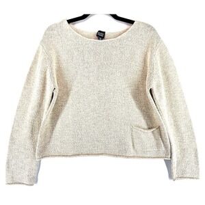 Eileen Fisher Silk Cotton Blend Oatmeal Crop Sweater L Raw Hem Pocket Old Money